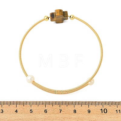 Natural Gemstone & Freshwater Pearl Beaded Copper French Wired Cuff Bangles for Women BJEW-JB13983-1