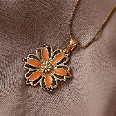 Stainless Steel Enamel Orange Flower Pendant Necklaces for Women JP8682-1