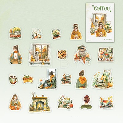 20Pcs PVC Self-Adhesive Coffee and People Stickers PW-WG40F88-02-1