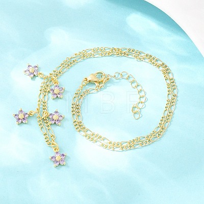 Brass Pave Lilac Cubic Zirconia Flower Pendant Figaro Chain Bib Necklaces for Women NJEW-F364-01G-1