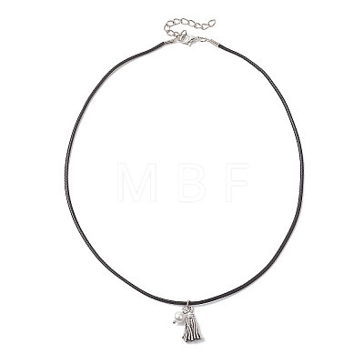 Alloy Tassel with Shell Pearl Pendant Black Waxed Cord Necklaces for Women NJEW-JN05929-1