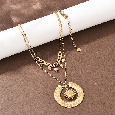 304 Stainless Steel Sun and Round Natural Crazy Agate Pendant Double Layer for Women NJEW-K252-13G-1