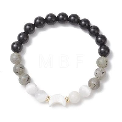 Natural Selenite & Labradorite & Black Tourmaline & Shell Beaded Stretch Bracelets for Women BJEW-JB13084-1
