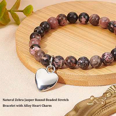 Olycraft Natural Rhodonite Round Beaded Stretch Bracelet with Alloy Heart Charm BJEW-OC0001-09A-1