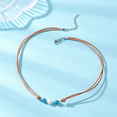 Synthetic Turquoise & Natural Pearl Round Beaded 2-Strand Cowhide Leather Cord Necklaces for Women NJEW-JN05828-1