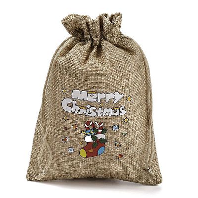 Christmas Printed Burlap Packing Pouches Drawstring Bags ABAG-Q053-02B-04-1