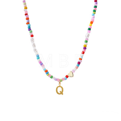 Colorful Beaded Heart Letter Necklace with Pearl Elements Stainless Steel Pendant Jewelry TR2146-17-1