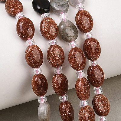 Cherry Quartz Glass & Natural Labradorite & Synthetic Goldstone & Obsidian Beads Strands G-Z135-A04-1