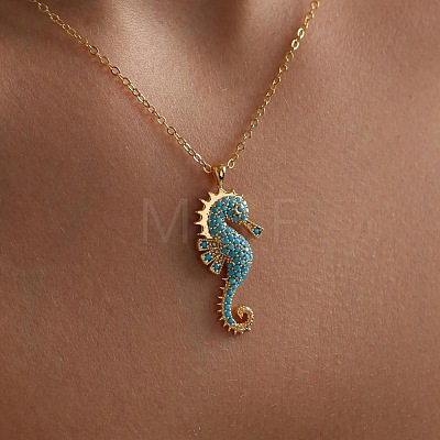 Ocean 304 Stainless Steel Aquamarine Rhinestone Sea Horse Pendant Cable Chain Necklaces for Women WGFC42F-01-1