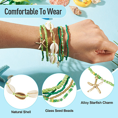 2 Bags Summer Beach Glass Seed Beaded & Natural Shell & Alloy Starfish Charm Anklet Sets AJEW-TA0003-69E-1