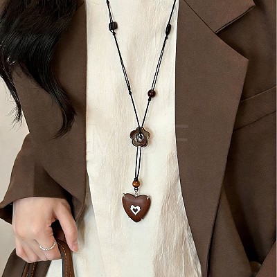 Adjustable Wood Heart Pendant Black Waxed Cord Long Necklaces with Resin Flower for Women WG3A463-01-1