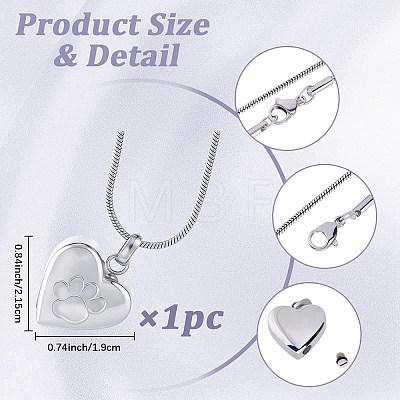 1Pc Stainless Steel Paw Print Heart Urn Ashes Pendant Necklaces NJEW-CN0001-15P-1