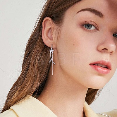 Anti-Tarnish Rhodium Plated 925 Sterling Silver Star with Chain Tassel Dangle Earrings JE1043A-1