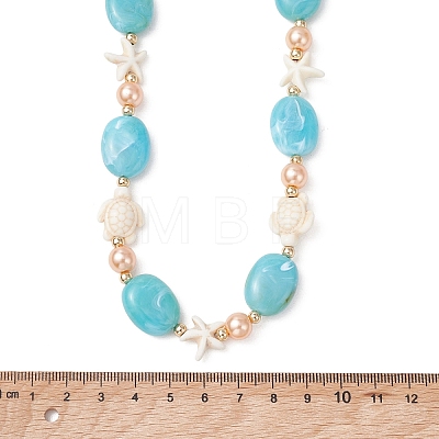 Ocean Synthetic Turquoise Turtle Starfish & Oval Acrylic & Round Glass Pearl Beaded Necklaces for Women NJEW-JN06077-1