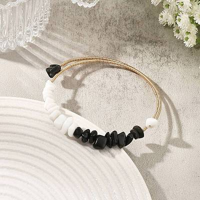 Natural Obsidian & Glass Chip Steel Memory Wire Cuff Bangles for Women BJEW-JB14381-1