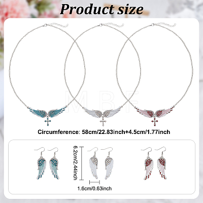 Rhinestone Wings with Cross Pendant Necklaces & Dangle Earrings SJEW-AN0001-20-1