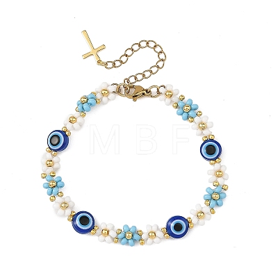 Blue Evil Eye Resin Flower Glass Seed Beaded Bracelets for Women BJEW-MZ00353-1