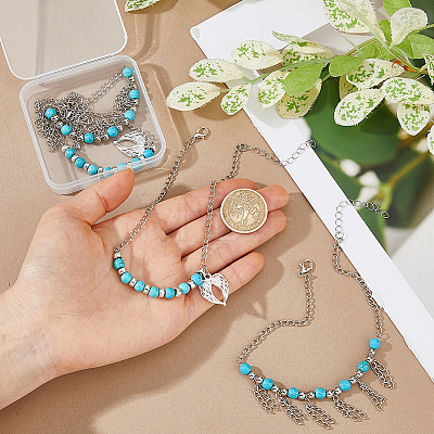 4Pcs 2 Styles Heart Wing Zinc Alloy Charm with Synthetic Turquoise Beads Boot Strap Chains BJEW-FH00002-1