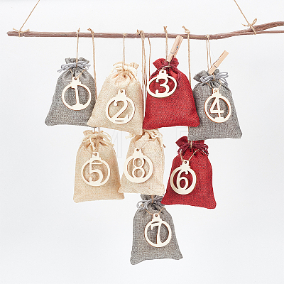 24Pcs 3 Colors Rectangle Christmas Linen Gift Bags with Number 1~24 Pendant Ornaments ABAG-WH0035-039-1