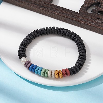 Dyed Colorful Natural Lava Rock Disc & Pearl Beaded Stretch Bracelet BJEW-JB09758-1