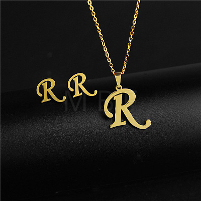 304 Stainless Steel Letter Pendant Necklaces & Stud Earrings Sets WG4BFDA-18-1