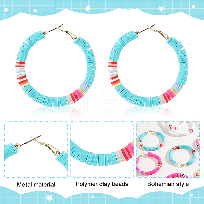 ANATTASOUL 6 Pairs 6 Colors Polymer Clay Heishi Surfer Beaded Hoop Earrings EJEW-AN0002-23-1