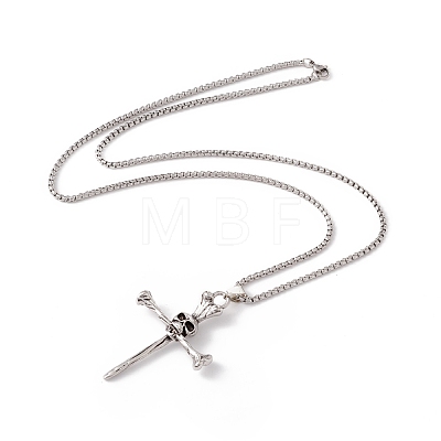 Alloy Cross with Skull Pendant Necklace with 201 Stainless Steel Box Chains NJEW-E016-03AS-1