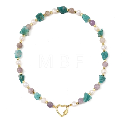 Raw Rough Natural Amazonite & Round Amethyst & Potato Pearl Beaded Necklaces with Brass Screw Carabiner Lock Charms NJEW-JN06583-01-1