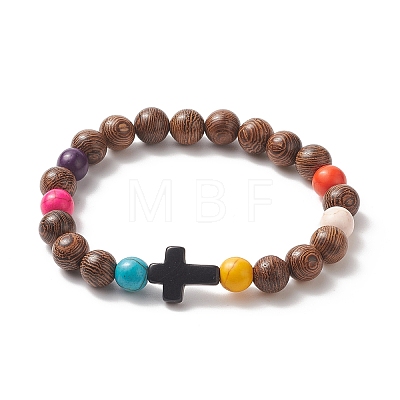 Dyed Synthetic Turquoise Cross & Wood Round Beaded Stretch Bracelet for Women BJEW-JB09276-1