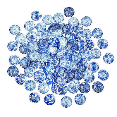 Blue and White Printed Glass Cabochons GGLA-SZ0001-11-1