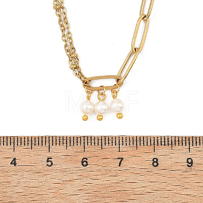 White Round Shell Pearl Pendant 304 Stainless Steel Mixed Chain Necklaces for Women NJEW-JN06101-1