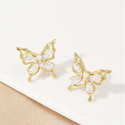 Butterfly Brass Micro Pave Cubic Zirconia Stud Earrings EJEW-M082-17G-02-1