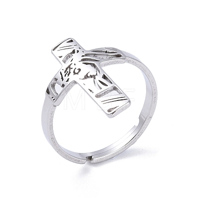 Non-Tarnish 304 Stainless Steel Adjustable Finger Rings. Hollow Cross RJEW-C074-04P-1