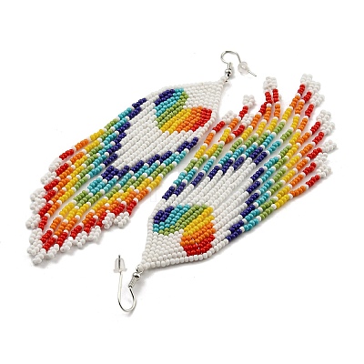 Boho Rainbow Color Seed Bead Heart Tassel Earrings EJEW-Q380-01A-1