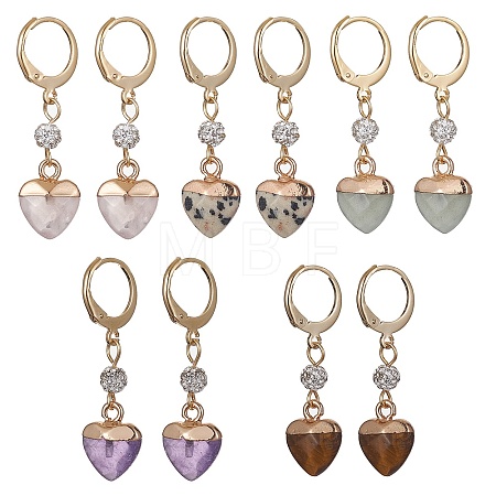 Heart Natural Mixed Gemstone Dangle Leverback Earrings EJEW-JE05470-1