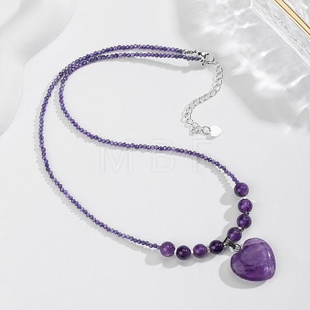 Bohemian Natural Amethyst Heart Pendant Round Beaded Necklaces for Women MR6044-4-1