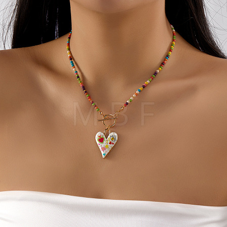 Bohemian Zinc Alloy Enamel Heart Pendant Glass Seed Beaded Nacklaces with OT Clasps for Women WGD622F-01-1