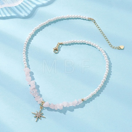 Alloy Crystal Rhinestone Star Pendant Natural Rose Quartz Chip and Round White Glass Pearl Beaded Necklaces NJEW-JN05696-01-1