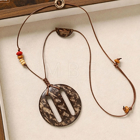 Natural Coconut Pendant Adjustable Leather Cord Long Necklaces with Wood Beads WGC33B1-04-1