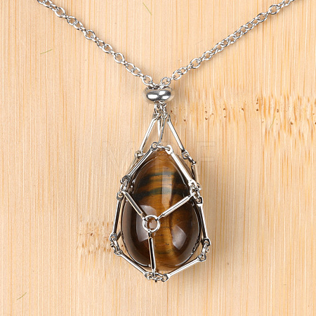 Natural Tiger Eye Easter Egg Cage Pendant 304 Stainless Steel Cable Chain Necklaces FS-WGA333C-13-1