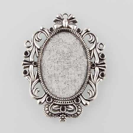 Tibetan Style Antique Silver Alloy Flat Oval Pendant Cabochon Settings X-TIBEP-M022-51AS-1