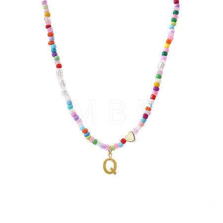 Colorful Beaded Heart Letter Necklace with Pearl Elements Stainless Steel Pendant Jewelry TR2146-17-1