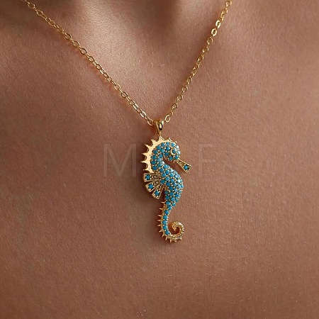 Ocean 304 Stainless Steel Aquamarine Rhinestone Sea Horse Pendant Cable Chain Necklaces for Women WGFC42F-01-1