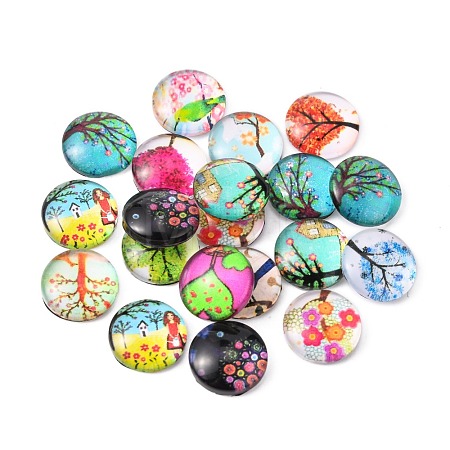 Tree of Life Printed Half Round/Dome Glass Cabochons GGLA-A002-12mm-GG-1