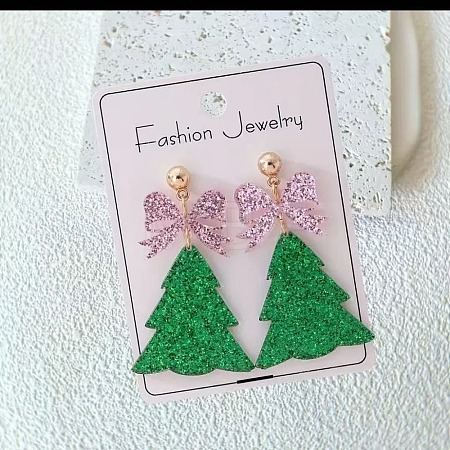 Transparent Acrylic Bowknot Christmas Tree Stud Dangle Earrings with Glitter Powder FS-WGF0814-01-1