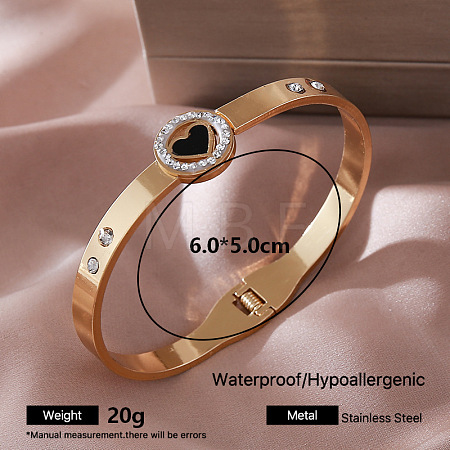 304 Stainless Steel Black Enamel Hinged Cuff Bangles with Crystal Rhinestone for Women PG1095-1-1