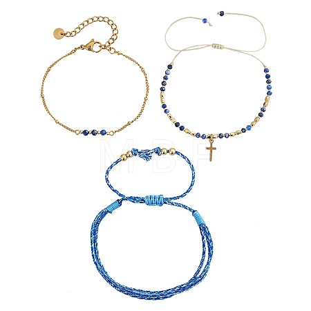 3Pcs Adjustable Natural Lapis Lazuli Beaded Braided Bracelet Sets IL6512-3-1