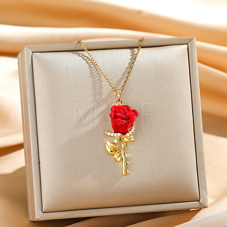 Brass Micro Pave Clear Cubic Zirconia & Plastic Red Rose Flower Pendant Necklaces for Women WGB6499-02-1