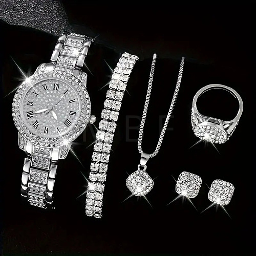 Rhombus Alloy with Crystal Rhinestone Pendant Necklace & Stud Earring & Chain Bracelet & Ring & Watch FS-WGDE407-02-1