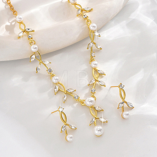 Leaf Brass Crystal Rhinestone & Plastic Pearl Pendant Necklaces & Stud Dangle Earrings Sets FS-WGAF044-01-1